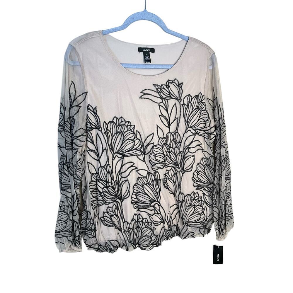 Alfani Embroidered Mesh Blouson Top Long Sleeve Lined Beige‎ Womens Size L NEW